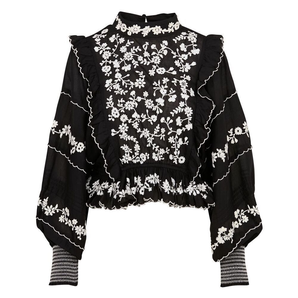 Farm Rio Women's Black White Embroidered Ruffle Long Sleeve Blouse Small NWOT